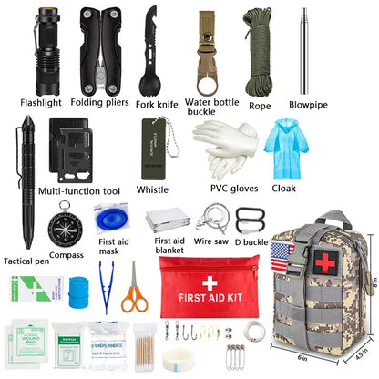 Survival First Aid Kit with Molle Pouch, Multitool, flashlight, tactical pen, and more