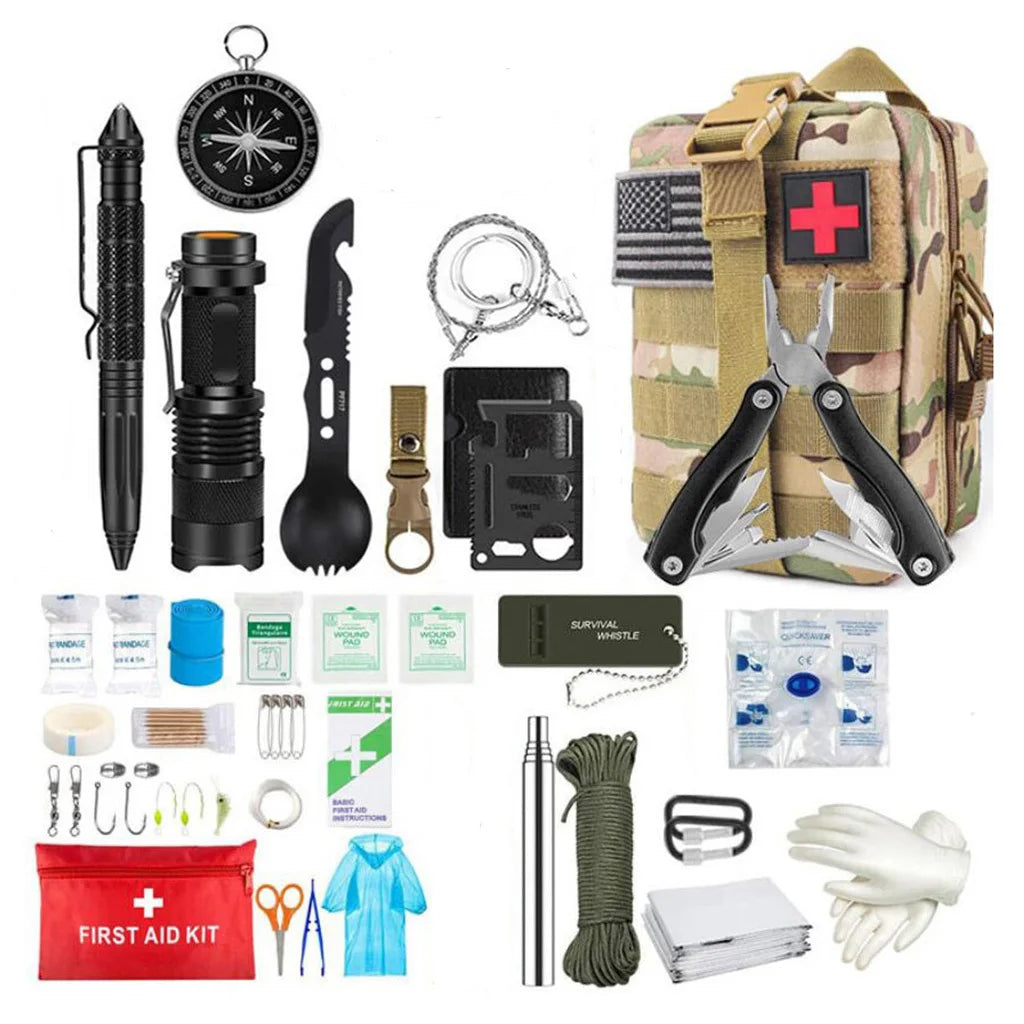 Survival First Aid Kit with Molle Pouch, Multitool, flashlight, tactical pen, and more