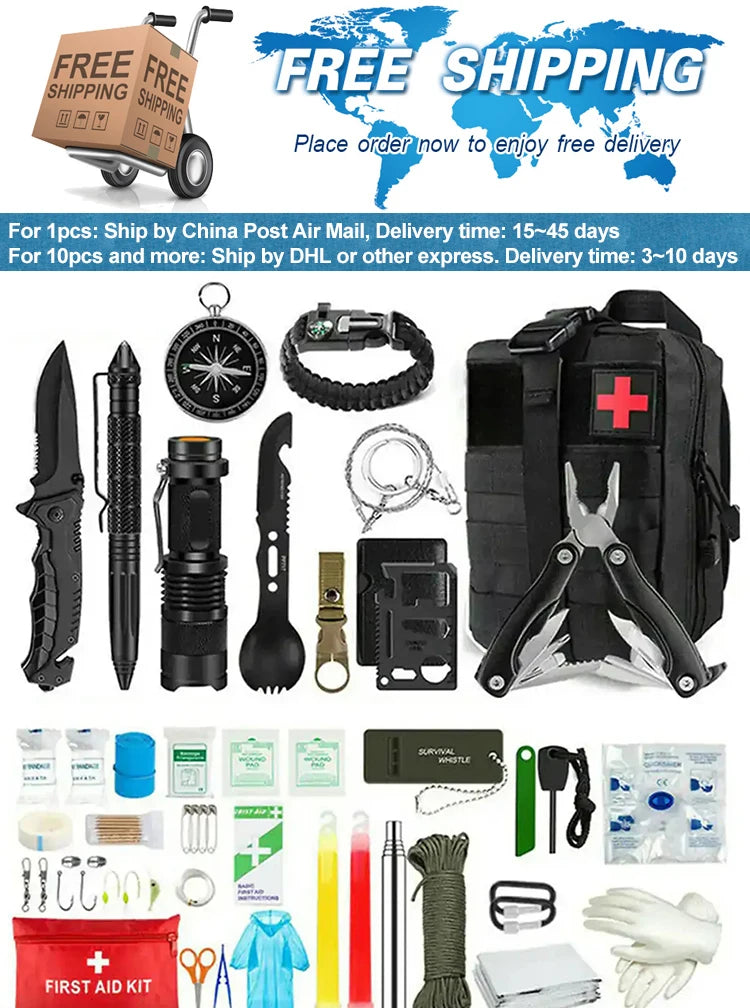 Emergency Survival Kit and First Aid Kit with Tactical Molle Pouch and Emergency Tent