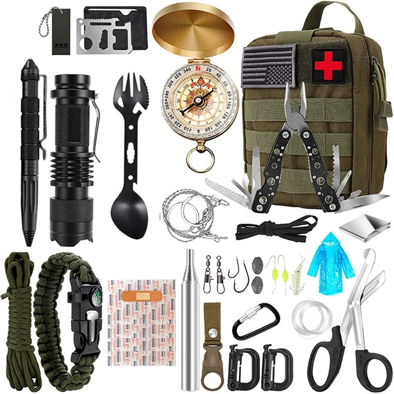 Survival Kit, flashlight, tactical pen, and more