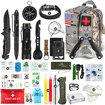 Emergency Survival Kit and First Aid Kit with Tactical Molle Pouch and Emergency Tent