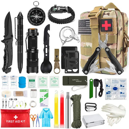 Emergency Survival Kit and First Aid Kit with Tactical Molle Pouch and Emergency Tent