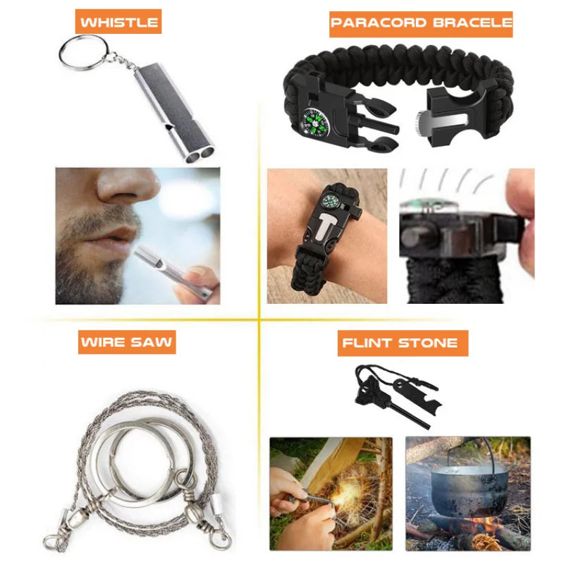 13 in 1 Survival Kit Toolkit, knife, flashlight, tactical pen, fire starter and more