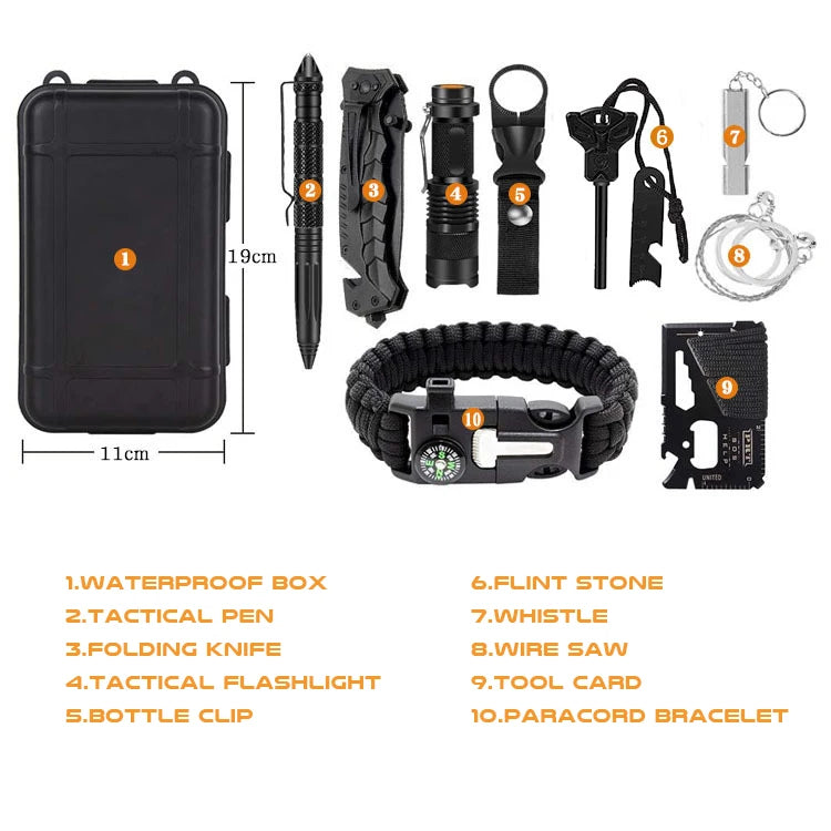 13 in 1 Survival Kit Toolkit, knife, flashlight, tactical pen, fire starter and more