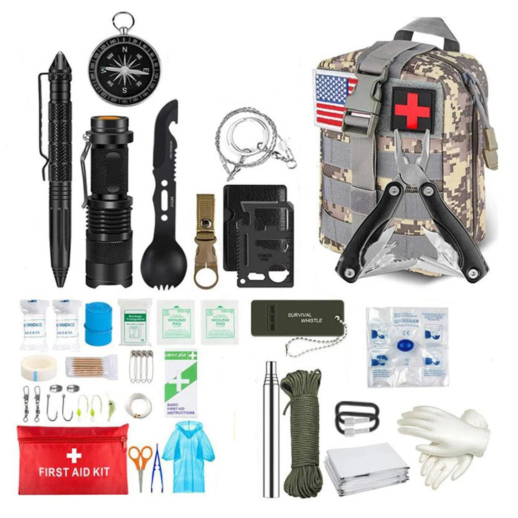 Survival First Aid Kit with Molle Pouch, Multitool, flashlight, tactical pen, and more