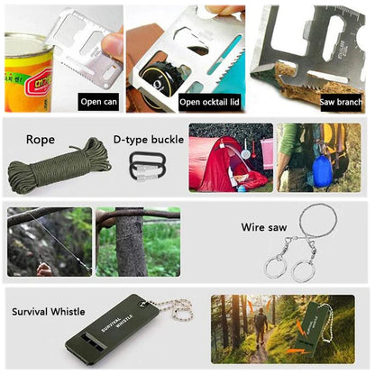 Survival First Aid Kit with Molle Pouch, Multitool, flashlight, tactical pen, and more