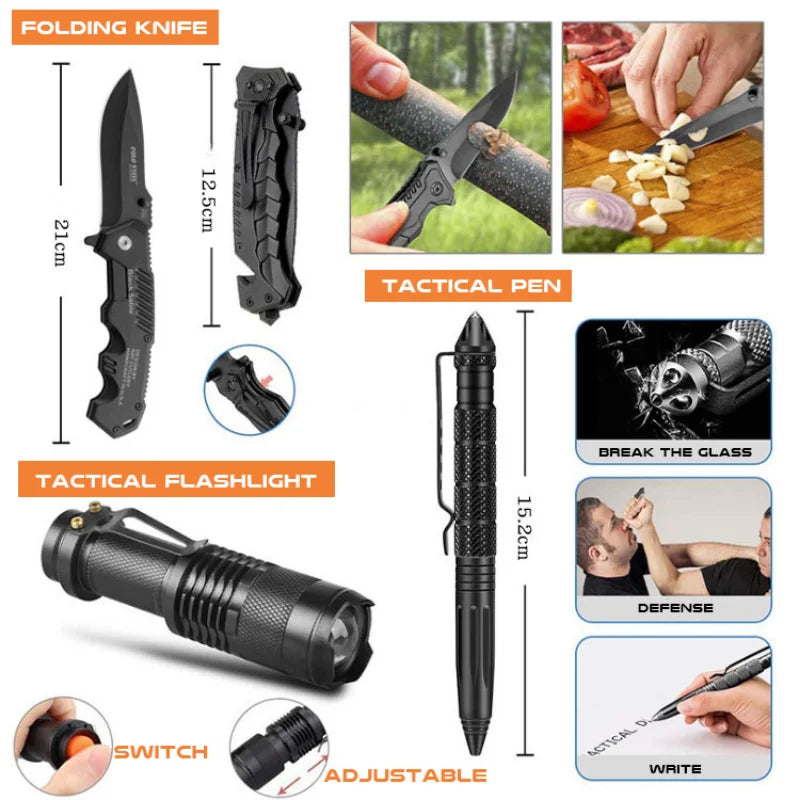 13 in 1 Survival Kit Toolkit, knife, flashlight, tactical pen, fire starter and more