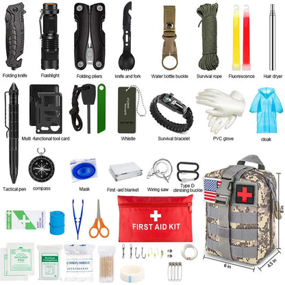 Emergency Survival Kit and First Aid Kit with Tactical Molle Pouch and Emergency Tent