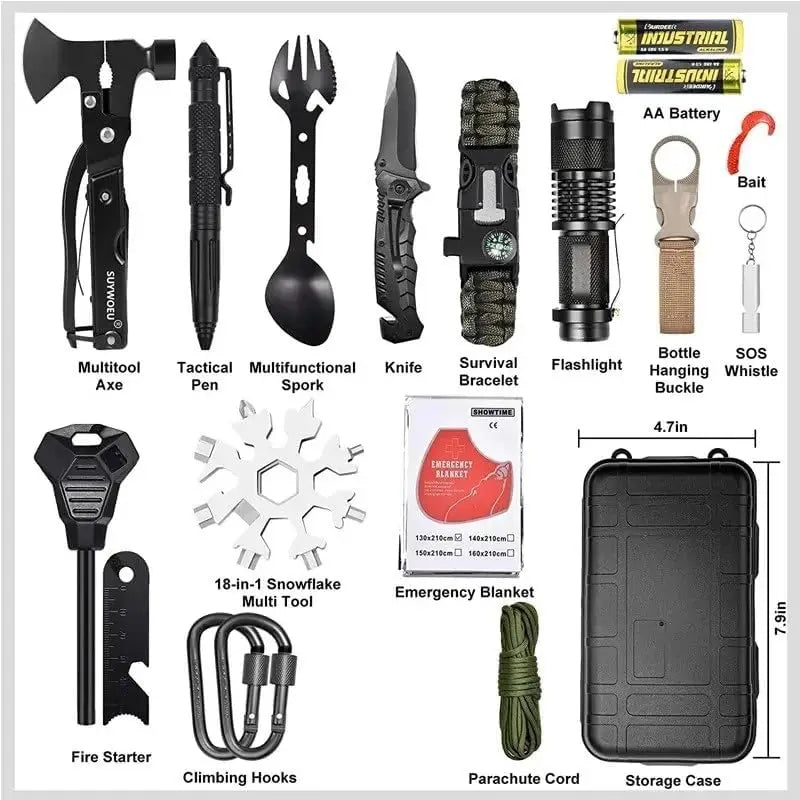 20 in 1 Emergency Survival Kit, Hammer multitool, knife, and more