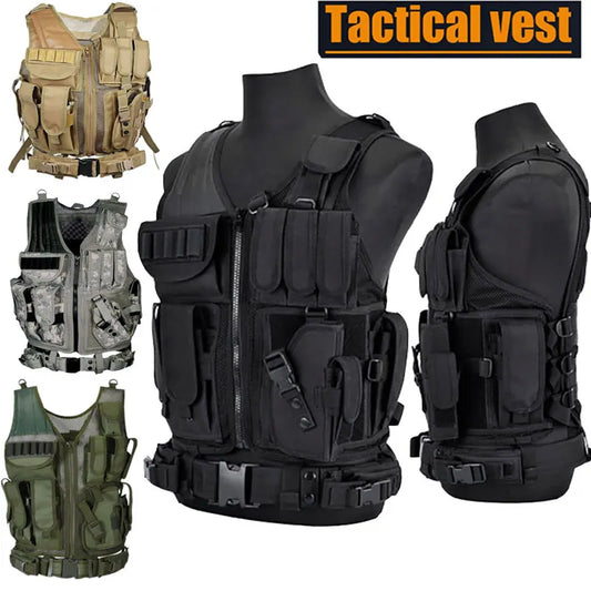 Multi-Pocket Tactical Vest Combat with Pistol Holster